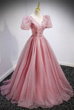 Pink V-Neck Tulle Long Prom Dresses, A-Line Evening Party Dresses HZ0429