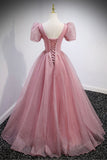 Pink V-Neck Tulle Long Prom Dresses, A-Line Evening Party Dresses HZ0429
