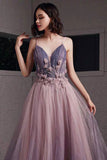 Purple V-Neck Tulle Long Prom Dresses, A-Line Ombre Evening Dresses HZ0429