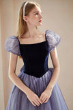 Purple Velvet Tulle Long Prom Dresses, Cute A-Line Evening Dresses HZ0429