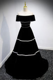 Black Velvet Long Prom Dresses, A-Line Off the Shoulder Evening Dresses HZ0429