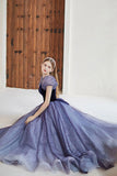 Purple Velvet Tulle Long Prom Dresses, Cute A-Line Evening Dresses HZ0429