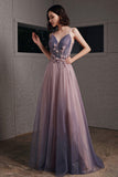 Purple V-Neck Tulle Long Prom Dresses, A-Line Ombre Evening Dresses HZ0429