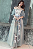 Gray Tulle Lace Long Prom Dresses, Cute A-Line Evening Dresses HZ0429