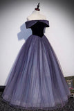 Purple Velvet Tulle Long Prom Dresses, A-Line Off the Shoulder Evening Dresses HZ0429