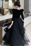 Black A-Line Long Sleeve Prom Dress, Black V-Neck Evening Dress HZ0429