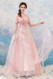 Pink Lace Long A-Line Prom Dresses, Lovely Pink Evening Dresses HZ0429