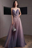 Purple V-Neck Tulle Long Prom Dresses, A-Line Ombre Evening Dresses HZ0429