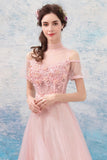 Pink Lace Long A-Line Prom Dresses, Lovely Pink Evening Dresses HZ0429
