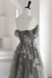 Gray Tulle Lace Long Prom Dress, A-Line Off the Shoulder Evening Dress HZ0429