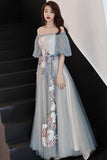 Gray Tulle Lace Long Prom Dresses, Cute A-Line Evening Dresses HZ0429