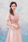 Pink Lace Long A-Line Prom Dresses, Lovely Pink Evening Dresses HZ0429
