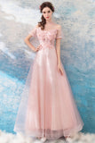 Pink Lace Long A-Line Prom Dresses, Lovely Pink Evening Dresses HZ0429