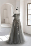 Gray Tulle Lace Long Prom Dress, A-Line Off the Shoulder Evening Dress HZ0429