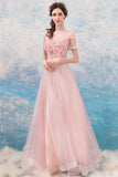 Pink Lace Long A-Line Prom Dresses, Lovely Pink Evening Dresses HZ0429