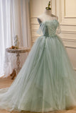 Green Tulle Beaded Ball Gown Off Shoulder Party Dress, Green Sweet 16 Dress HZ0429