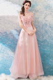 Pink Lace Long A-Line Prom Dresses, Lovely Pink Evening Dresses HZ0429