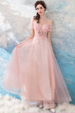 Pink Lace Long A-Line Prom Dresses, Lovely Pink Evening Dresses HZ0429