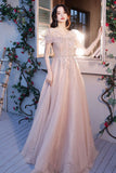Pink Tulle Sequins Long Prom Dresses, Lovely A-Line Evening Graduation Dresses HZ0429