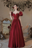 Burgundy Satin Long Prom Dress, Lovely A-Line Short Sleeve Graduation Dress HZ0429