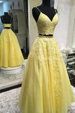Yellow Lace Long Prom Dresses, Two Pieces Evening Dresses HZ0429