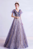 Purple V-Neck Tulle Sequins Long Prom Dresses, A-Line Evening Dresses HZ0429