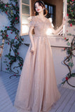 Pink Tulle Sequins Long Prom Dresses, Lovely A-Line Evening Graduation Dresses HZ0429