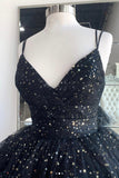 Black V-Neck Tulle Long Prom Dresses, High Low Evening Party Dresses HZ0429