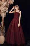 Burgundy Long Spaghetti Strap Tulle Prom Dress, A-Line Evening Dress HZ0429