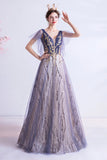 Purple V-Neck Tulle Sequins Long Prom Dresses, A-Line Evening Dresses HZ0429