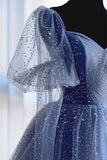 Blue Tulle Beading Long Prom Dresses, A-Line Evening Dresses HZ0429