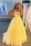 Yellow Lace Long A-Line Prom Dresses, Yellow Backless Evening Dresses HZ0429