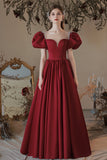 Burgundy Satin Long Prom Dress, Lovely A-Line Short Sleeve Graduation Dress HZ0429