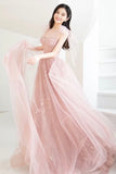 Pink Tulle Long A-Line Prom Dresses, Pink Evening Dresses HZ0429