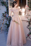 Pink Tulle Sequins Long Prom Dresses, Lovely A-Line Evening Graduation Dresses HZ0429