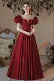 Burgundy Satin Long Prom Dress, Lovely A-Line Short Sleeve Graduation Dress HZ0429
