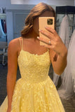 Yellow Lace Long A-Line Prom Dresses, Yellow Backless Evening Dresses HZ0429