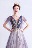 Purple V-Neck Tulle Sequins Long Prom Dresses, A-Line Evening Dresses HZ0429