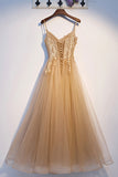 Yellow Tulle Lace Long Prom Dress, A-Line Lace Evening Dress HZ0429