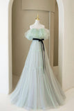 Green Tulle Floor Length Prom Dress, A-Line Off Shoulder Evening Dress HZ0429