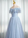 Blue Sweetheart Beaded Off the Shoulder Prom Dress, A-Line Blue Evening Dress HZ0429