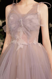 Purple Tulle Lace Long Prom Dresses, A-Line Evening Dress HZ0429