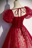Burgndy Tulle Short Sleeve Formal Evening Dress, A-Line Long Prom Dress HZ0429