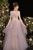 Purple Tulle Lace Long Prom Dresses, A-Line Evening Dress HZ0429