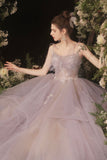 Purple Tulle Lace Long Prom Dresses, A-Line Evening Dress HZ0429