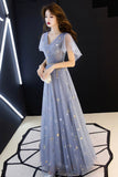 Blue Tulle Long A-Line Prom Dresses, V-Neck Evening Dresses HZ0429
