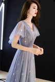 Blue Tulle Long A-Line Prom Dresses, V-Neck Evening Dresses HZ0429