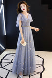 Blue Tulle Long A-Line Prom Dresses, V-Neck Evening Dresses HZ0429