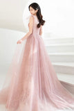 Pink Tulle Long A-Line Prom Dresses, Pink Evening Dresses HZ0429