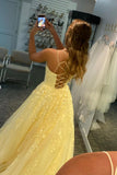 Yellow Lace Long A-Line Prom Dresses, Yellow Backless Evening Dresses HZ0429
